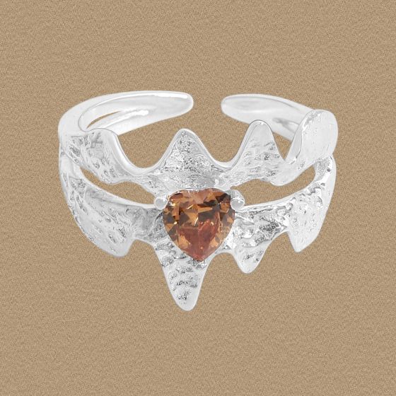 Double Layer Brown Crystal Heart 925 Sterling Silver Adjustable Ring