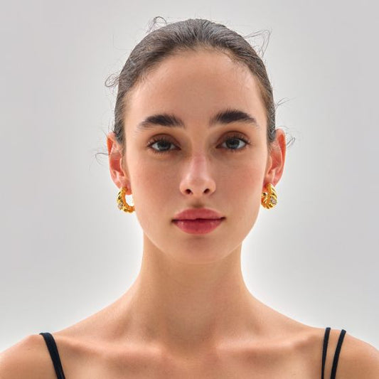 Three-CZ Geometric U-Shape Hoop Earrings in Sterling Silver