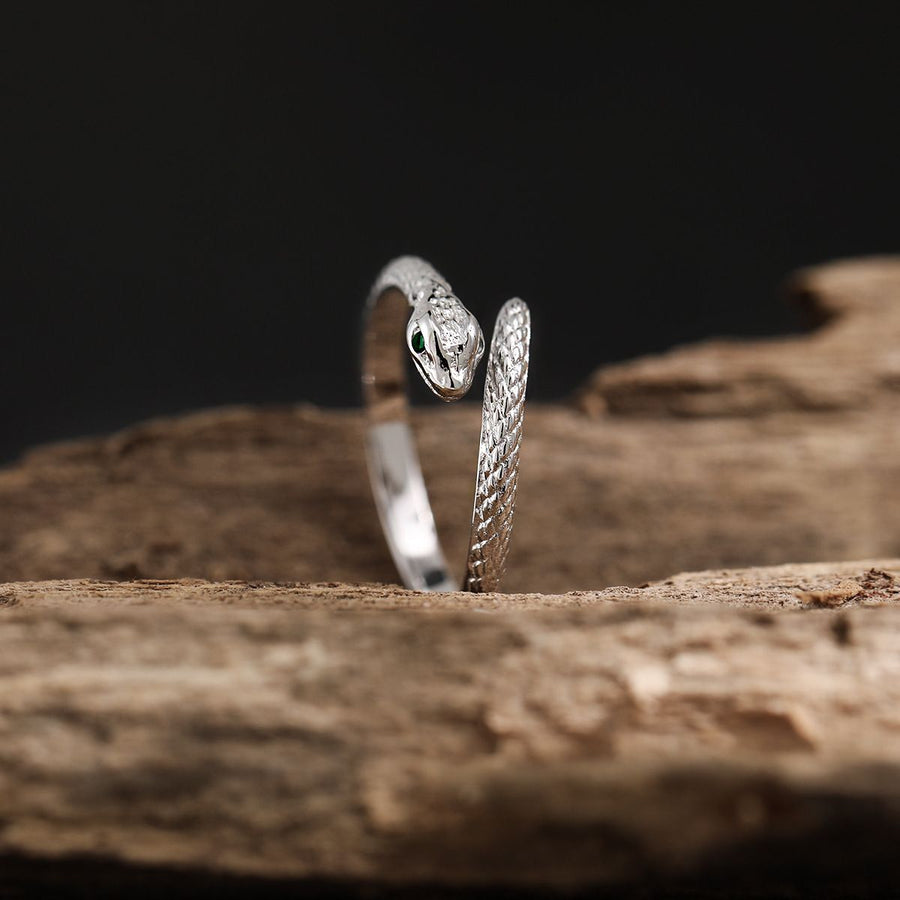 Snake Ring with Green Crystal Eyes, 925 Sterling Silver Adjustable Ring