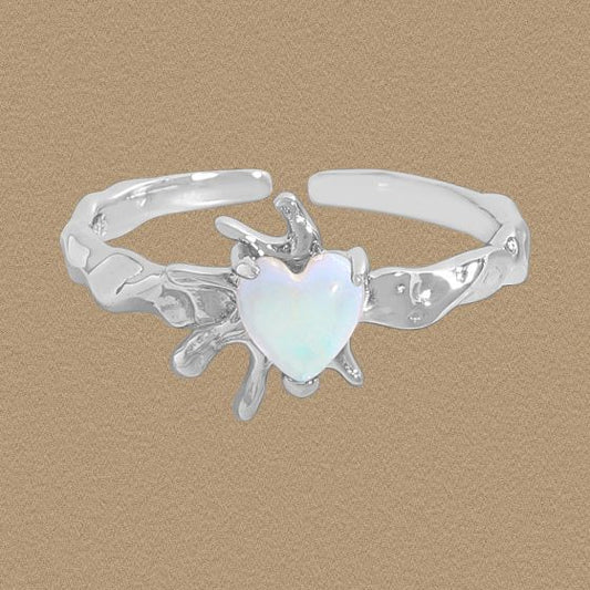 Natural Opal Heart Adjustable 925 Sterling Silver Ring