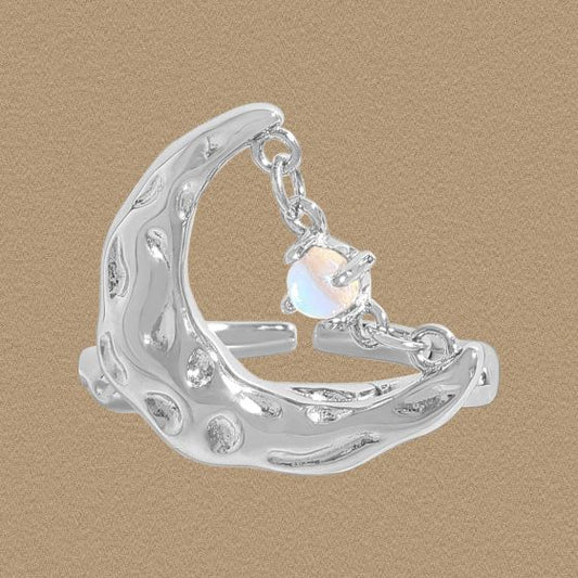 Irregular Crescent Moon CZ Adjustable Ring, 925 Sterling Silver