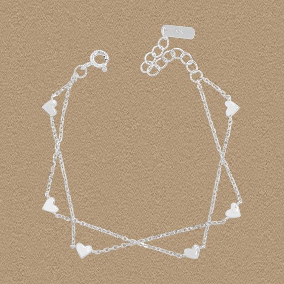 Double Layer Curb Chain Heart Bracelet, 925 Sterling Silver
