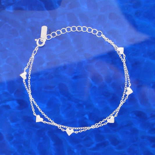 Double Layer Curb Chain Heart Bracelet, 925 Sterling Silver