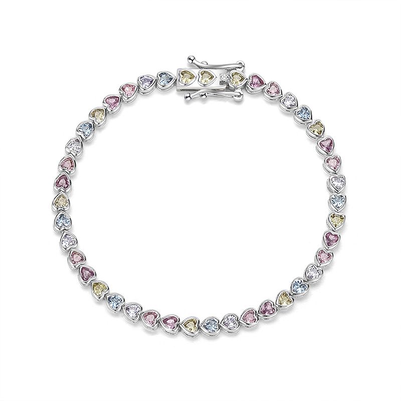 Heart Rainbow Cubic Zirconia Tennis Bracelet in 925 Sterling Silver