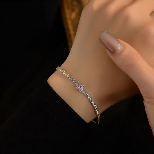 Rainbow Heart Cubic Zirconia Tennis Bracelet in 925 Sterling Silver
