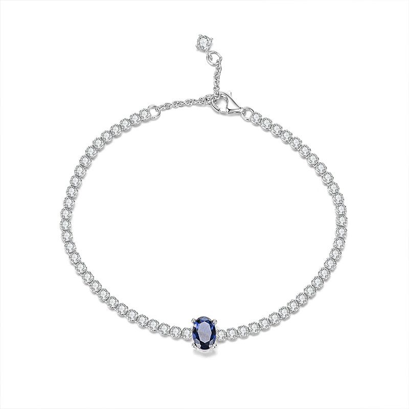 Blue Sapphire and Full Diamond Cubic Zirconia Tennis Bracelet, S925 Sterling Silver