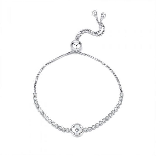 Lucky Clover Cubic Zirconia Adjustable Bracelet, S925 Sterling Silver
