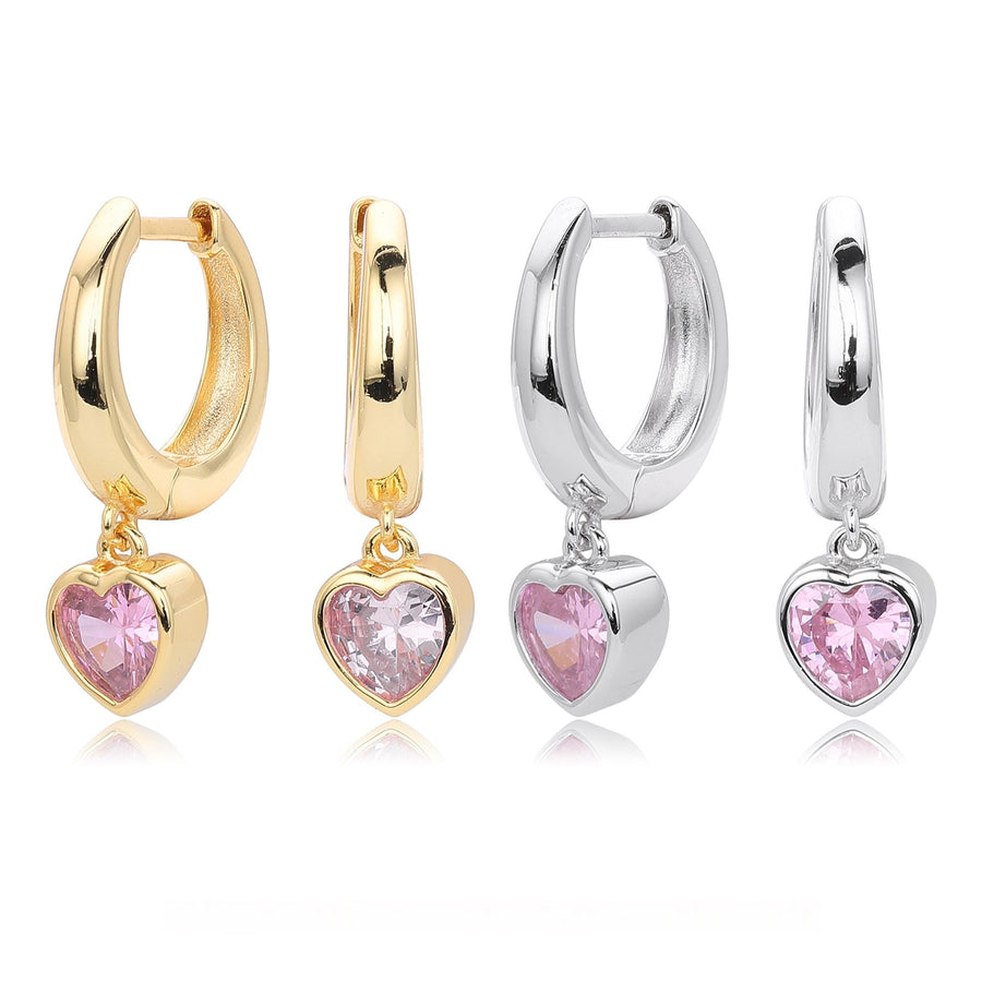 Heart Pink Cubic Zirconia Dangle Hoop Earrings in 925 Sterling Silver
