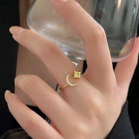 Gold Plated Sterling Silver Star & Moon Open Ring