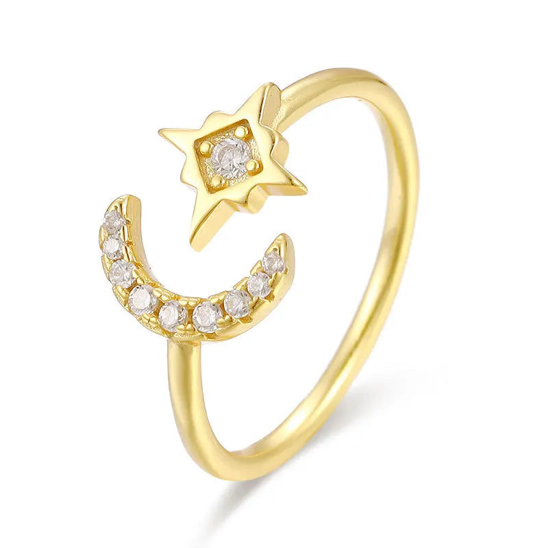 Gold Plated Sterling Silver Star & Moon Open Ring