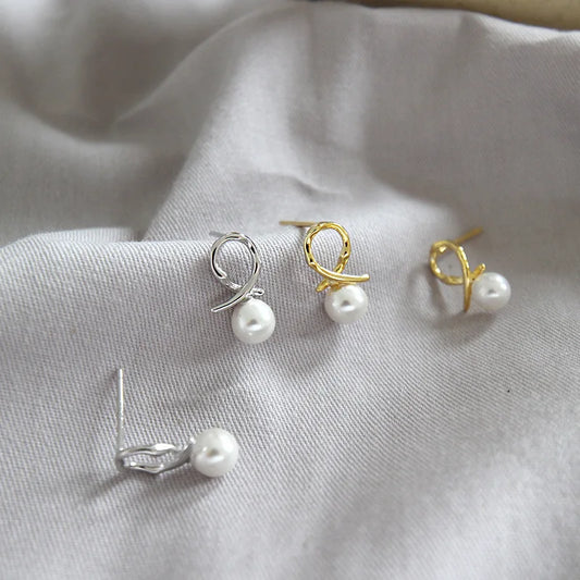 Sterling Silver Pearl Geometric Line Stud Earrings