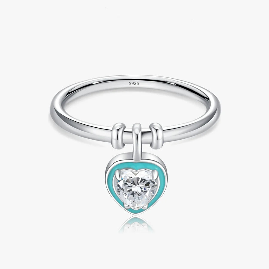 Sterling Silver Green Enamel Heart Charm Ring