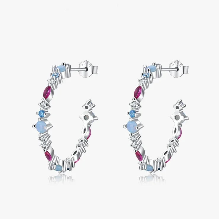 Sterling Silver Cubic Zirconia Opal Hoop Earrings