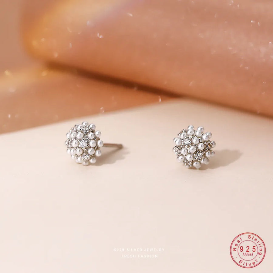 Sterling Silver Cluster Simulated Pearl Stud Earrings