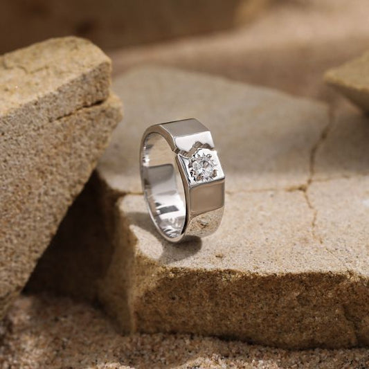 Men's Irregular Broken Pattern CZ 925 Sterling Silver Adjustable Ring