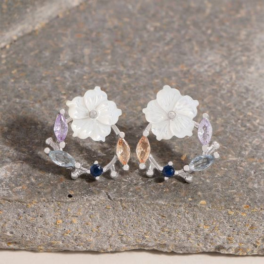 Shell Flower CZ Garland Sterling Silver Stud Earrings