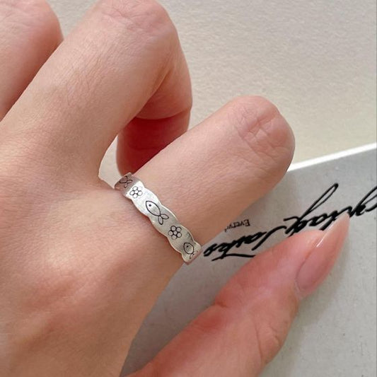Vintage Wave Border Fish and Flower Adjustable Ring