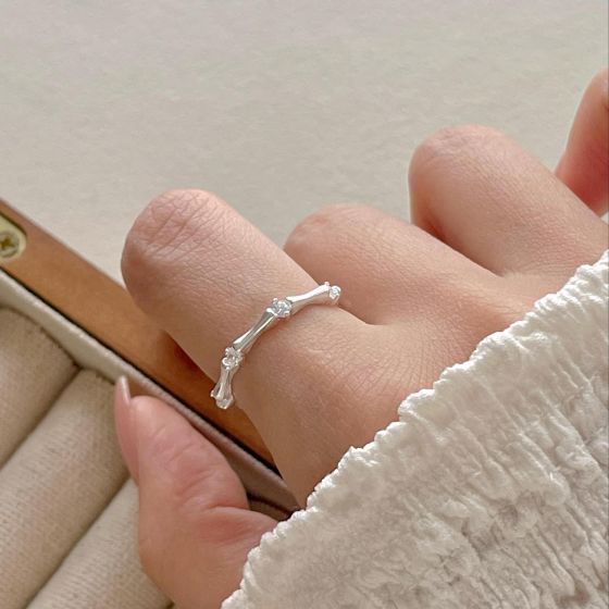 Irregular Crystal Camboo Joint Adjustable Sterling Silver Ring