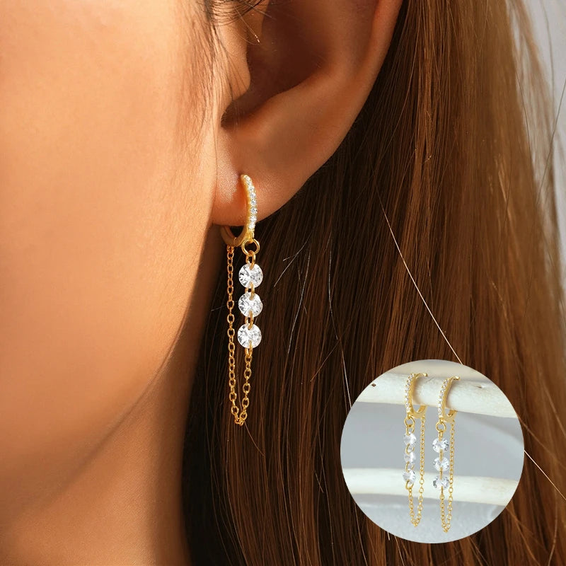Sterling Silver Long Chain Hoop Earrings