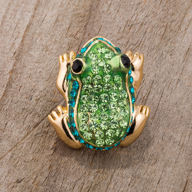 Green and Gold Frog Brooch with Crystals