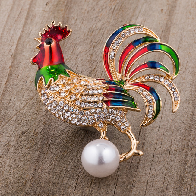 Gold Tone Multicolor Enamel Rooster Brooch with Crystals