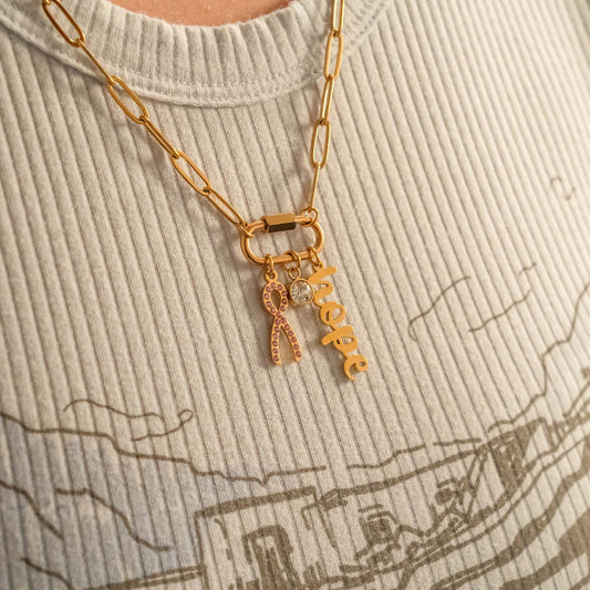 18K Gold PVD 316L Stainless Steel Cancer Awareness Carabiner Necklace