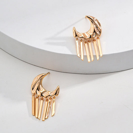 Rhodium Plated Moon Drop Tassel Earrings