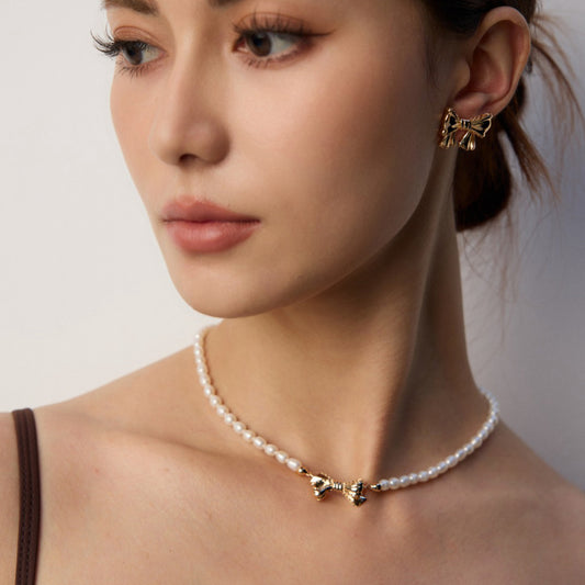 Sterling Silver Natural Pearl Bow Choker Necklace