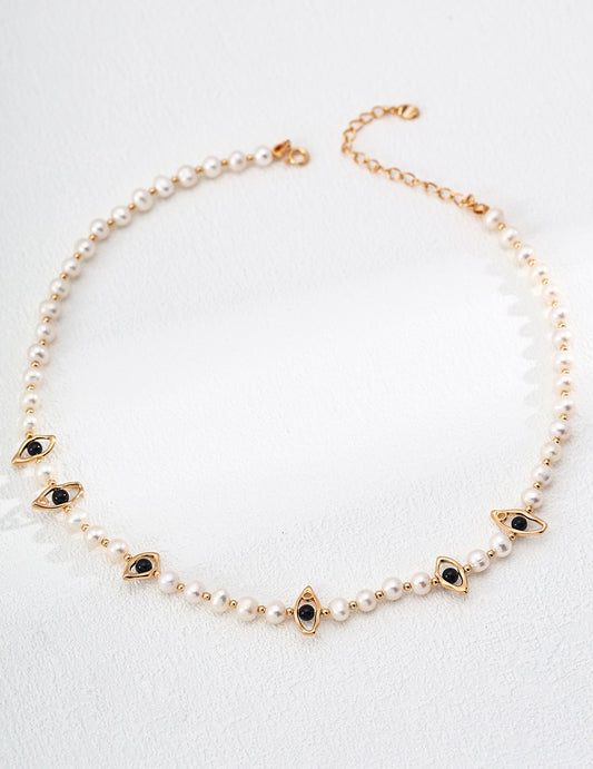 Sterling Silver Black Onyx & Natural Pearl Necklace