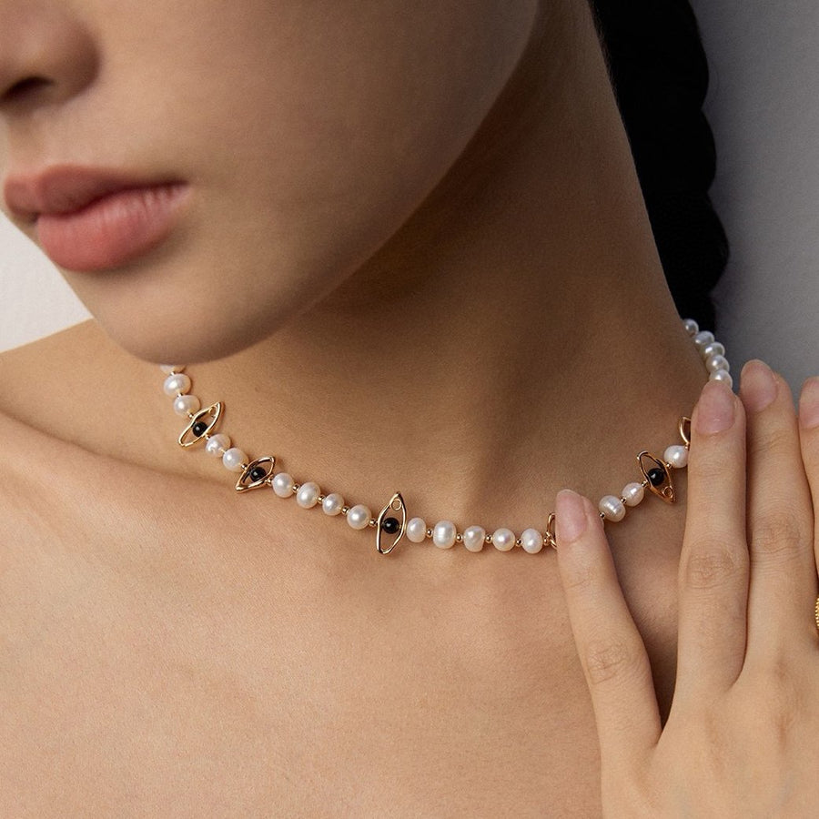 Sterling Silver Black Onyx & Natural Pearl Necklace