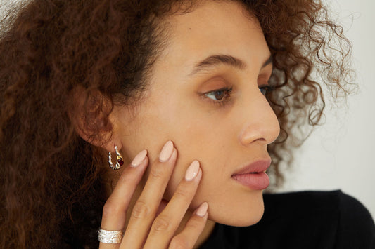 Textured Silver Hoop Earrings with Natural Garnet