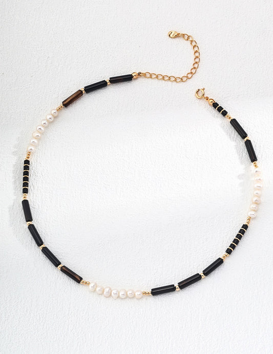 Sterling Silver Black and White Pearl Onyx Necklace