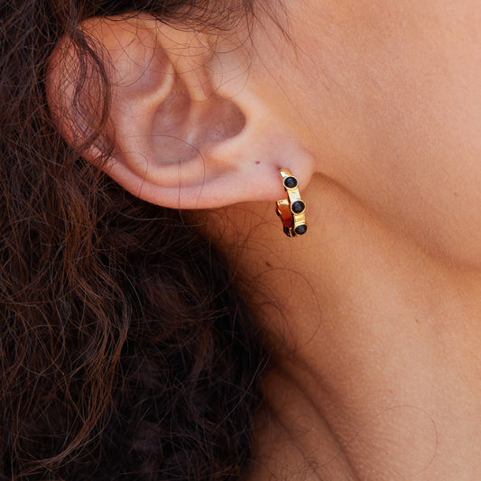Black Onyx Beads Sterling Silver Hoop Earrings