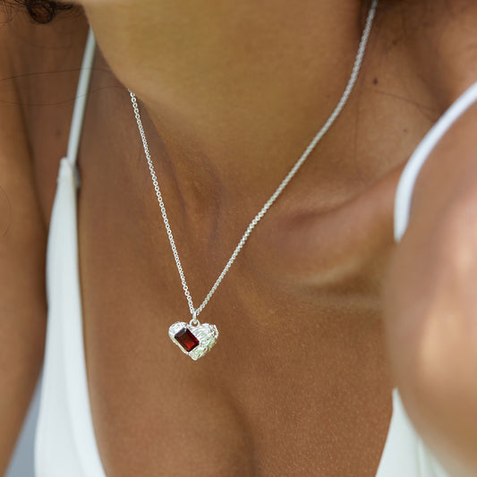 Sterling Silver Heart Necklace with Natural Pyrope