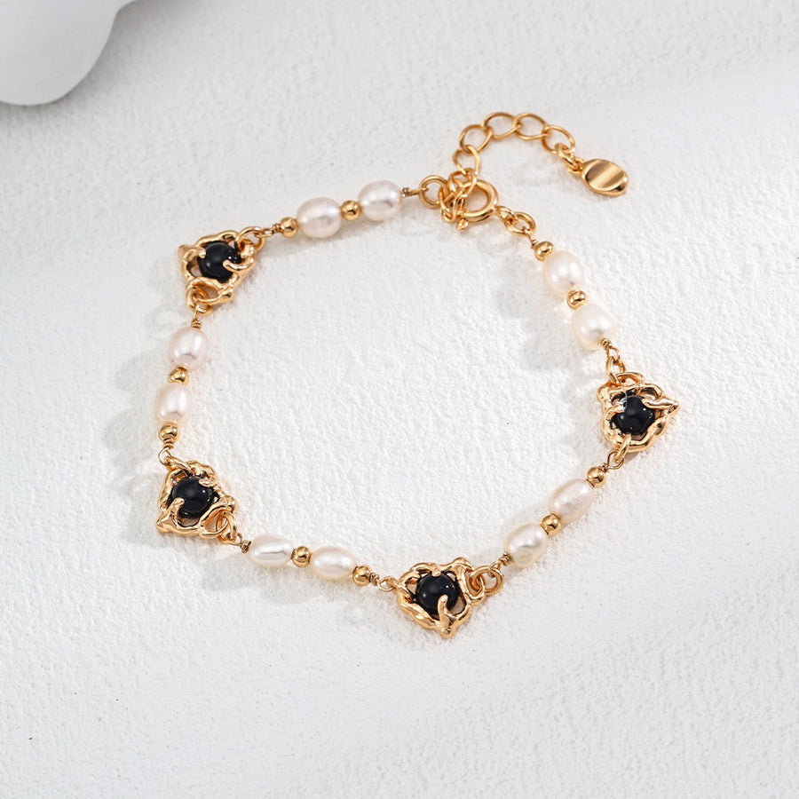 Gold Plated Pearl & Onyx Bracelet