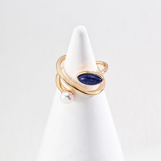 18K Gold Plated Lapis Lazuli and Freshwater Pearl Ring