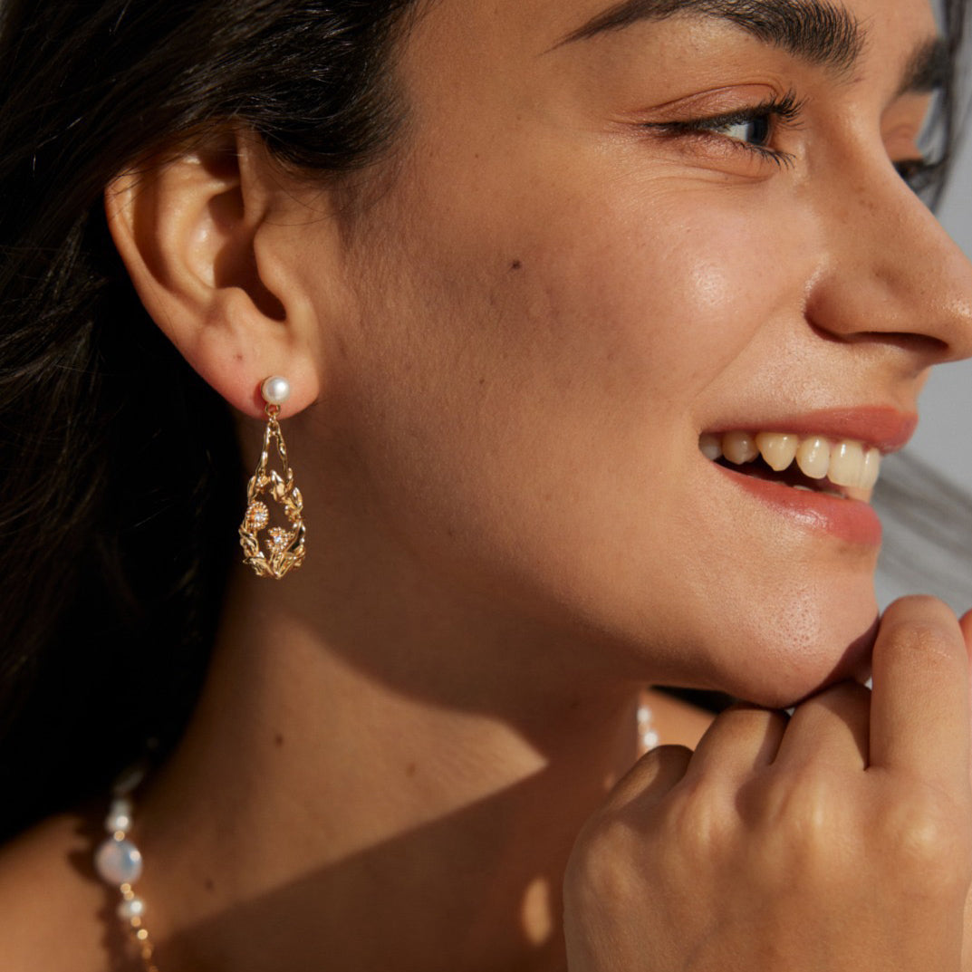 Freshwater Pearl and Flower Drop Earrings