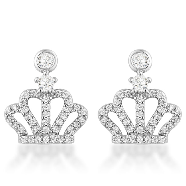 Rhodium Crown Crystal Drop Earrings, 0.5 Ct