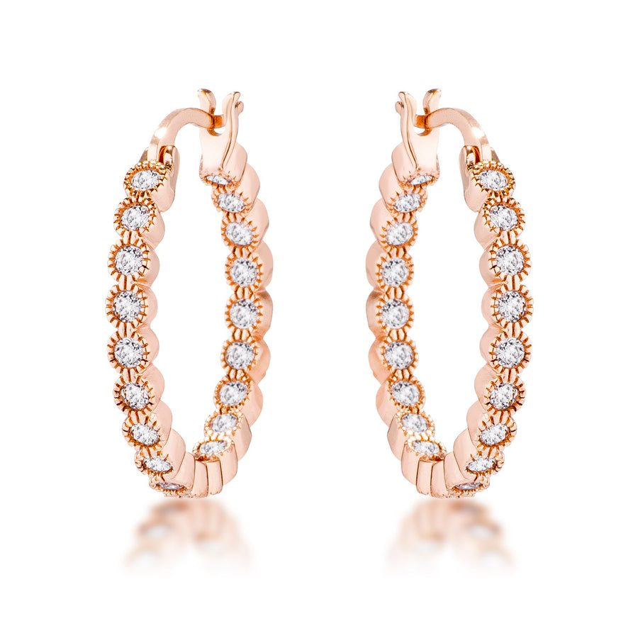 Rose Gold Dotted Crystal Round Bezel Hoops