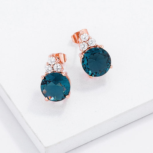 Rose Gold Plated Blue Green CZ Stud Earrings, 9mm