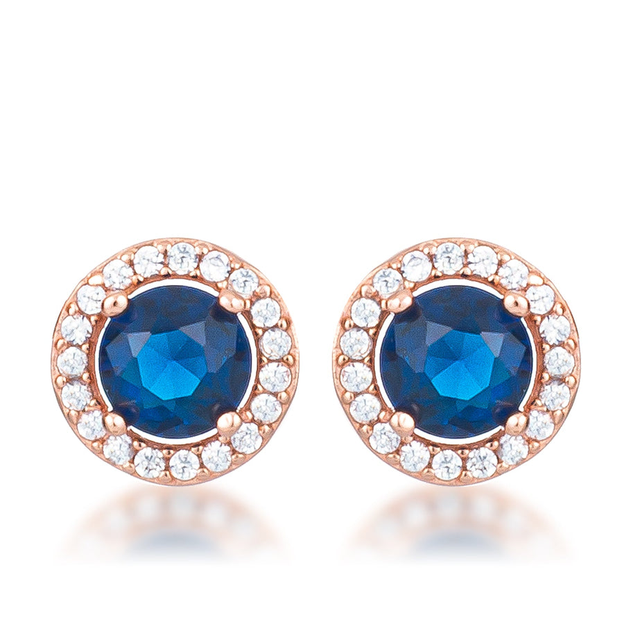 Rose Gold Sapphire Blue Crystal Halo Earrings