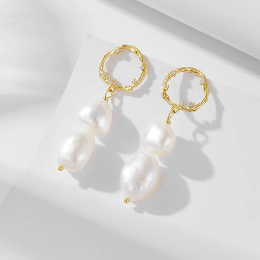 Sterling Silver Double Baroque Pearl Drop Earrings