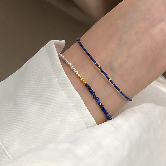 Silver Natural Lazurite Beaded Bracelet