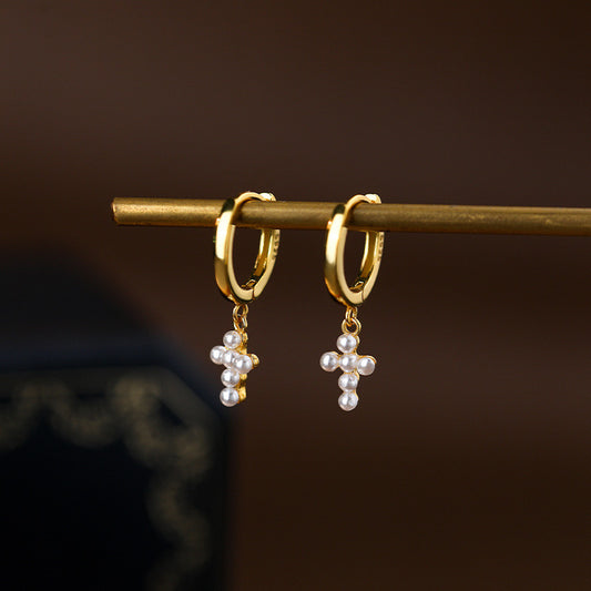 Gold Plated Sterling Silver Shell Pearl Cross Hoop Earrings