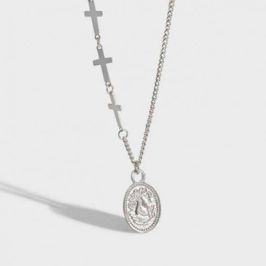 Oval Tag Cross Necklace in 925 Sterling Silver