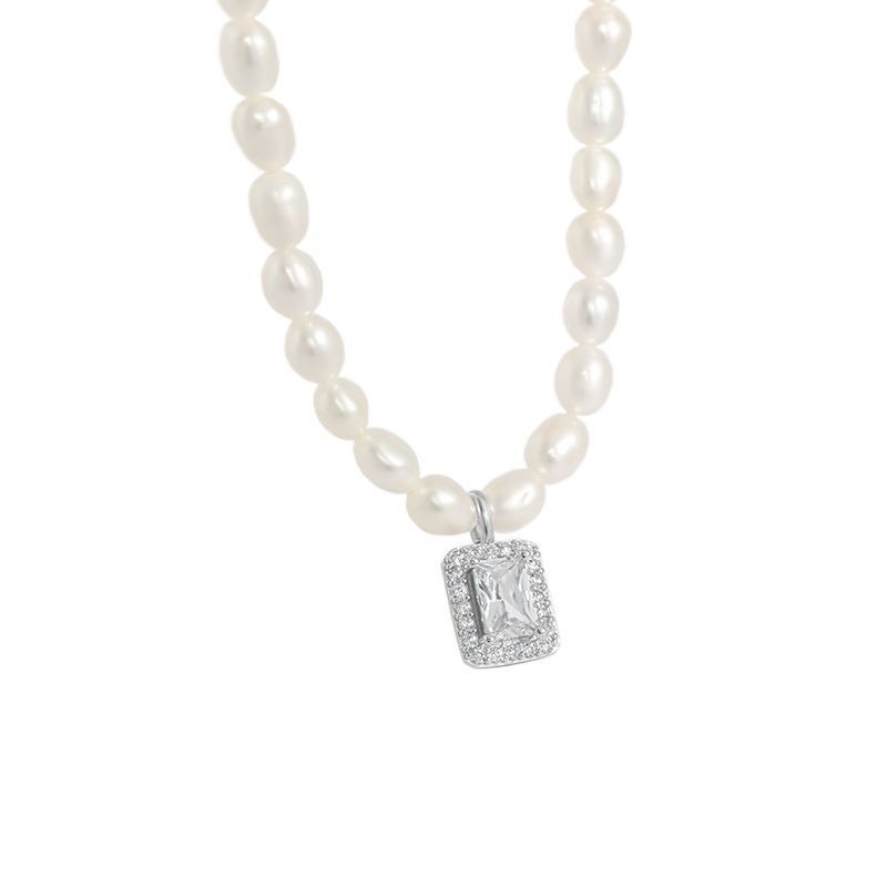 Natural Pearl Rectangle Crystal Necklace in Sterling Silver