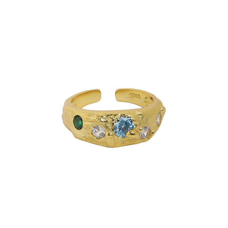 Colorful Crystal Irregular Wide 925 Sterling Silver Adjustable Ring