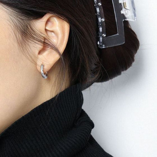 Irregular C-Shape CZ Hoop Earrings, 925 Sterling Silver