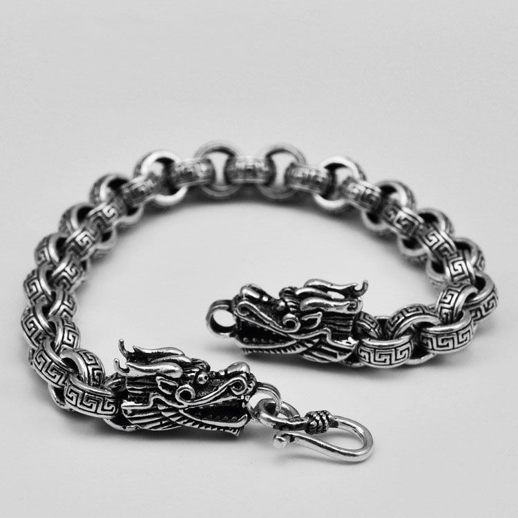 Vintage Two-Dragon 925 Sterling Silver Stud Bracelet