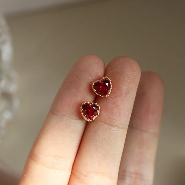 Sterling Silver Red Heart Crystal Stud Earrings